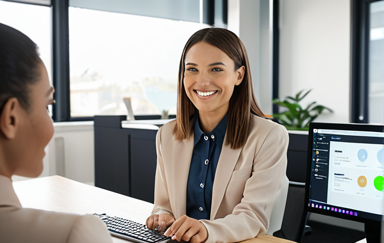 **
A customer service agent smiling and working alongside a friendly, helpful AI assistant represented as a glowing, transparent interface. The scene conveys collaboration and empowerment, set in a modern, well-lit office. Focus on the human-AI partnership and a positive atmosphere.
**
