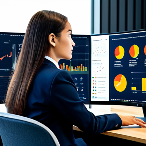 Home 6 A professional business analyst, wearing a modest business suit, is seated at a sleek modern desk in a minimalist office environment. On the large, curved monitor in front of them, intricate data visualizations of customer feedback and sentiment analysis are displayed in vibrant colors. The analyst is making a gesture towards the screen, indicating deep thought and understanding of the AI-generated insights. The pose is natural and focused, with perfect anatomy, correct proportions, well-formed hands, and proper finger count. The overall image conveys a sense of advanced technology meeting human intelligence for strategic decision-making. This image is safe for work, appropriate content, fully clothed, and professional. High quality, professional photography, realistic rendering.
