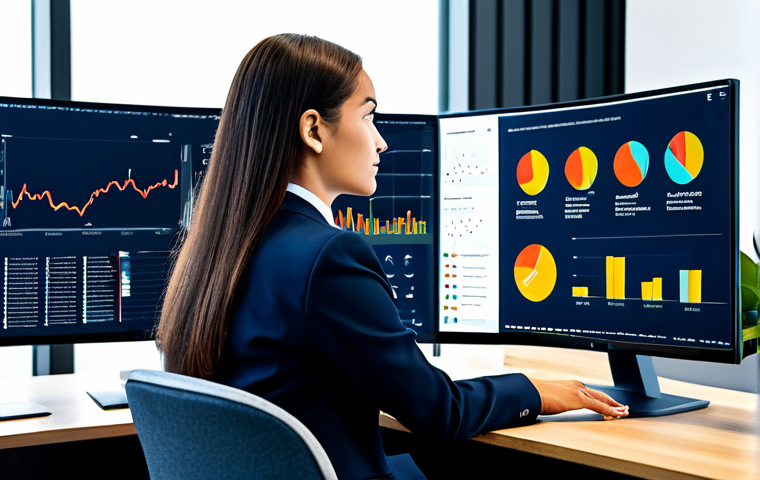 A professional business analyst, wearing a modest business suit, is seated at a sleek modern desk in a minimalist office environment. On the large, curved monitor in front of them, intricate data visualizations of customer feedback and sentiment analysis are displayed in vibrant colors. The analyst is making a gesture towards the screen, indicating deep thought and understanding of the AI-generated insights. The pose is natural and focused, with perfect anatomy, correct proportions, well-formed hands, and proper finger count. The overall image conveys a sense of advanced technology meeting human intelligence for strategic decision-making. This image is safe for work, appropriate content, fully clothed, and professional. High quality, professional photography, realistic rendering.
