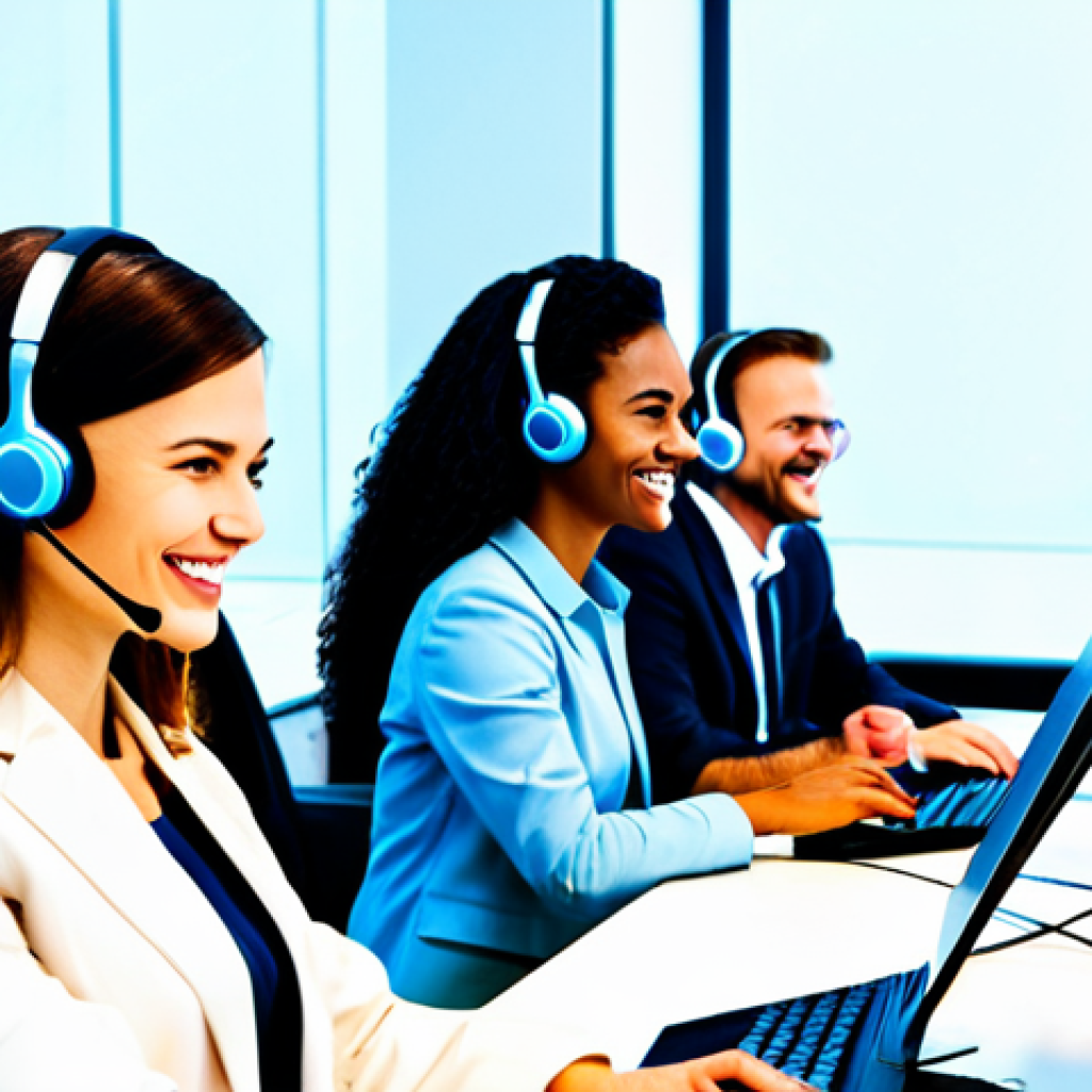 **Image:** A diverse team of customer service agents working in a modern, brightly lit call center. Some are using AI-powered tools on their computers. All are smiling and engaging with customers via headset.  **Prompt:** "Professional customer service representatives in a modern call center environment, fully clothed, appropriate attire, safe for work, diverse team, perfect anatomy, natural proportions, AI-powered tools displayed, high quality, professional, modest, family-friendly."