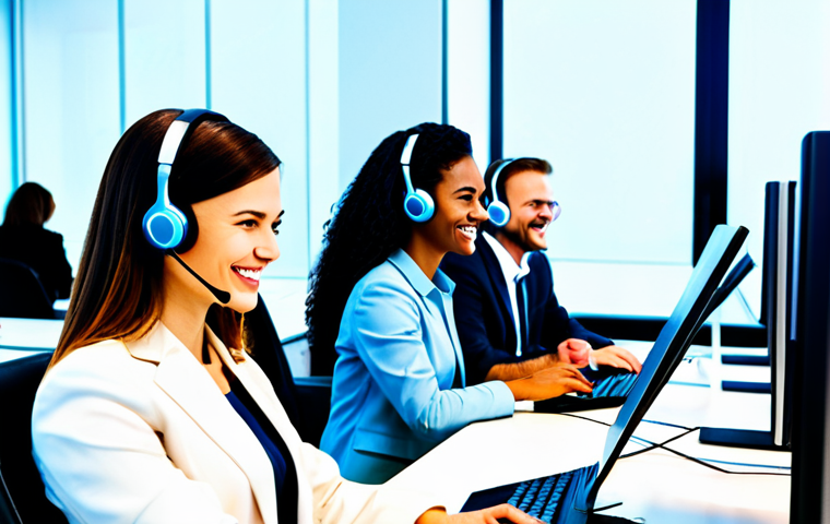 **Image:** A diverse team of customer service agents working in a modern, brightly lit call center. Some are using AI-powered tools on their computers. All are smiling and engaging with customers via headset.  **Prompt:** "Professional customer service representatives in a modern call center environment, fully clothed, appropriate attire, safe for work, diverse team, perfect anatomy, natural proportions, AI-powered tools displayed, high quality, professional, modest, family-friendly."