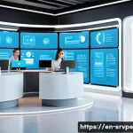 AI 상담사 서비스의 트렌드 분석 - A sleek, modern customer service center featuring AI-powered chatbots displayed on multiple digital ...