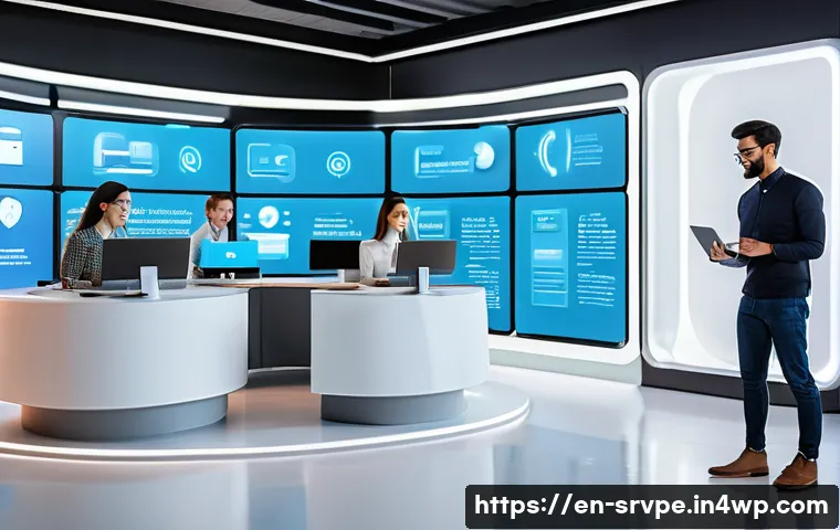 AI 상담사 서비스의 트렌드 분석 - A sleek, modern customer service center featuring AI-powered chatbots displayed on multiple digital ...