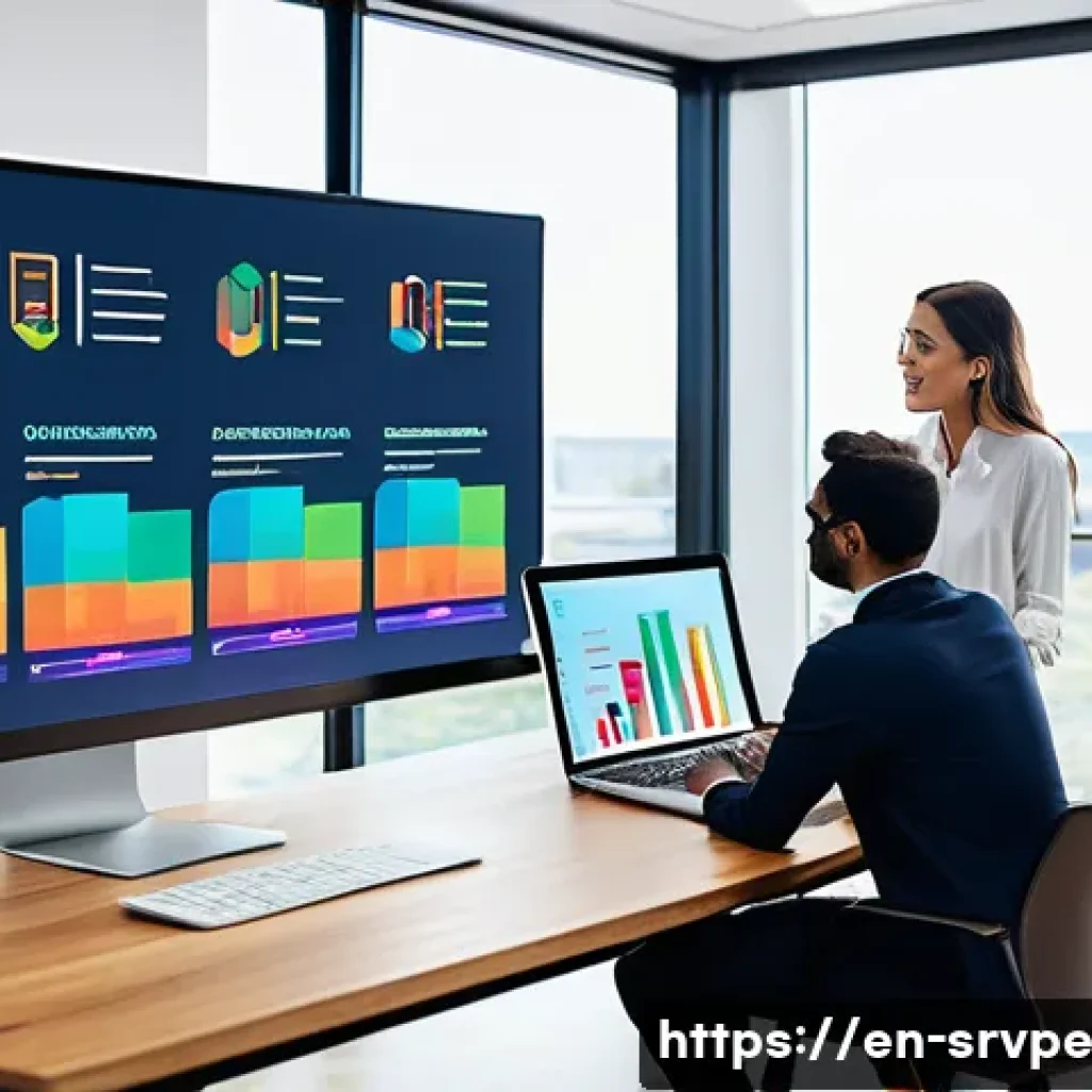 AI 상담사 서비스의 수익 모델 - A modern office scene showing a diverse group of professionals gathered around a large touchscreen d...