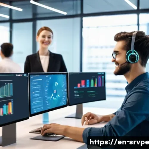 AI 상담사 서비스의 효과적인 커뮤니케이션 전략 - A modern customer service center featuring a diverse team of AI engineers and human agents collabora...