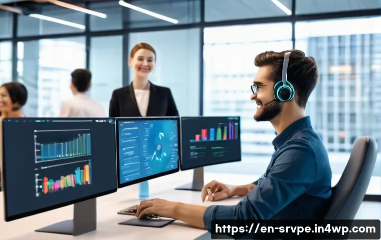 AI 상담사 서비스의 효과적인 커뮤니케이션 전략 - A modern customer service center featuring a diverse team of AI engineers and human agents collabora...