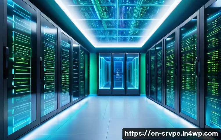 AI 상담사 서비스의 정보 보호 수단 - A futuristic AI data center interior featuring glowing holographic screens displaying encrypted mess...