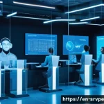 AI 상담사 서비스의 언어 처리 기술 - A futuristic customer service center with diverse AI-powered chatbots displayed on multiple transpar...