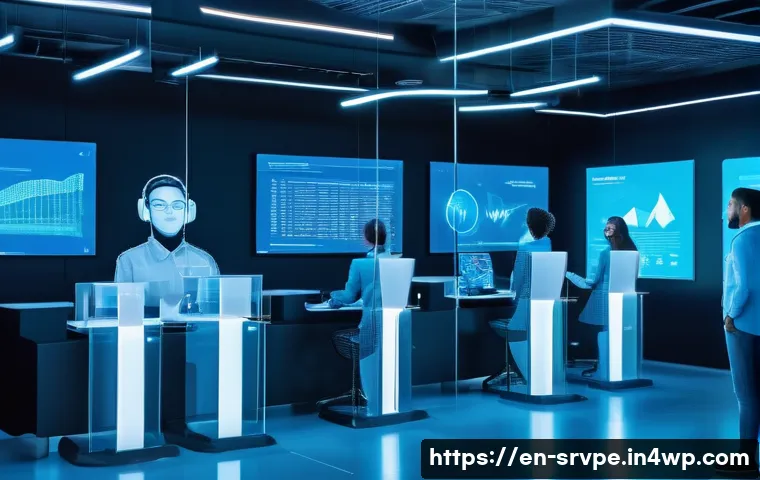 AI 상담사 서비스의 언어 처리 기술 - A futuristic customer service center with diverse AI-powered chatbots displayed on multiple transpar...