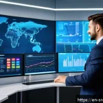 AI 상담사 서비스의 통계 분석 - A modern customer service control room with multiple large digital screens displaying real-time chat...