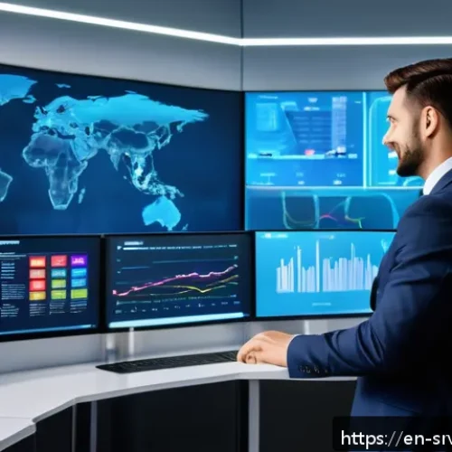 AI 상담사 서비스의 통계 분석 - A modern customer service control room with multiple large digital screens displaying real-time chat...