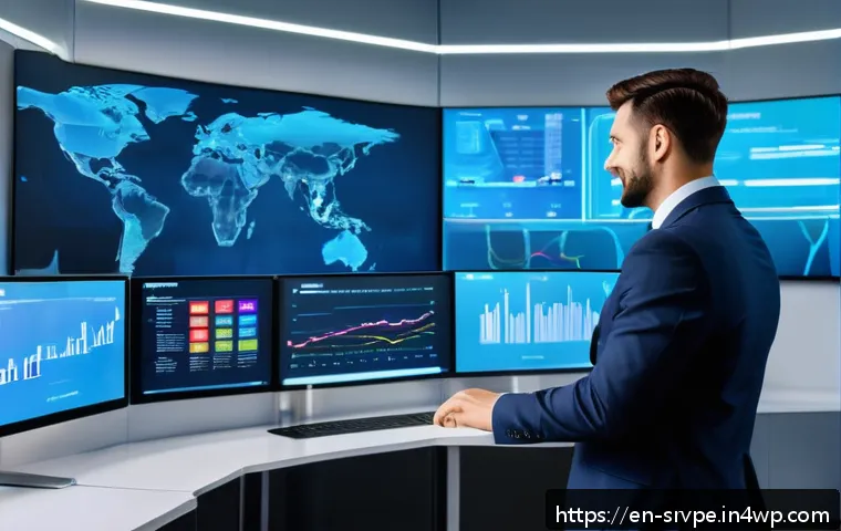 AI 상담사 서비스의 통계 분석 - A modern customer service control room with multiple large digital screens displaying real-time chat...