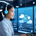 AI 상담사 서비스의 기술적 문제 해결 방안 - A futuristic customer service center with a friendly AI chatbot interface displayed on multiple holo...