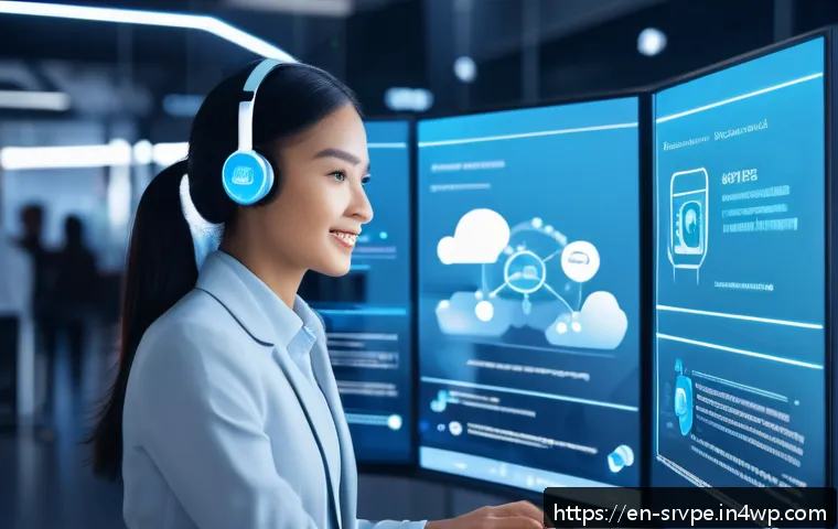 AI 상담사 서비스의 기술적 문제 해결 방안 - A futuristic customer service center with a friendly AI chatbot interface displayed on multiple holo...