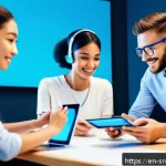 AI 상담사 서비스의 연결성 - A modern customer service center scene showing a diverse group of professionals engaging with AI cha...