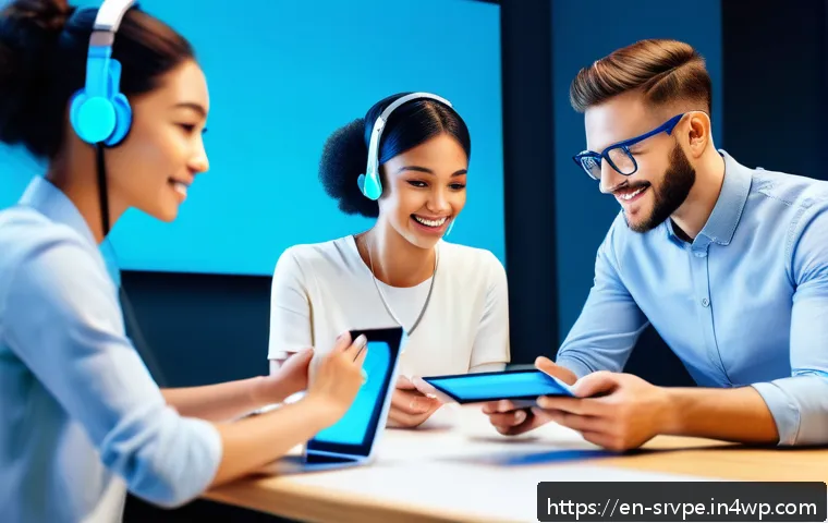 AI 상담사 서비스의 연결성 - A modern customer service center scene showing a diverse group of professionals engaging with AI cha...