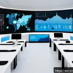 AI 상담사 서비스의 통합 관리 시스템 - A sleek, modern customer service control room featuring a large unified dashboard screen displaying ...