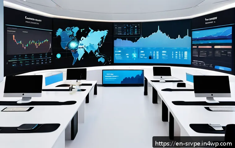 AI 상담사 서비스의 통합 관리 시스템 - A sleek, modern customer service control room featuring a large unified dashboard screen displaying ...